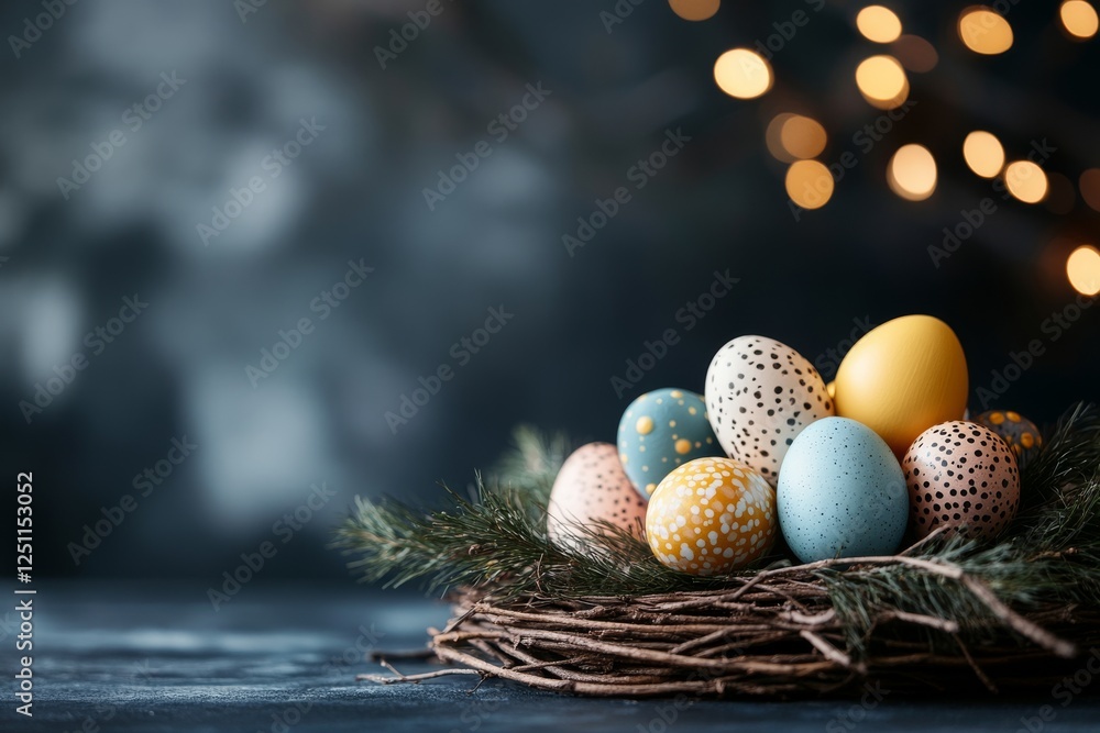 Poster colorful decorated easter eggs resting in a natural nest with soft bokeh lights in the background
