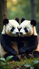 Obraz premium Adorable giant panda heads on the couple's faces , fur, animals, nature