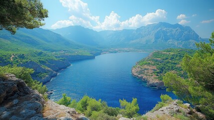 Fototapeta premium Coastal bay view, mountain backdrop, summer