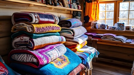 Colorful Woven Blankets & Throws Stack - Rustic/Cozy