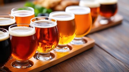 An artistic arrangement of different craft beers in elegant glasses showcased on a wooden tray, inviting beer enthusiasts for a delightful tasting experience.