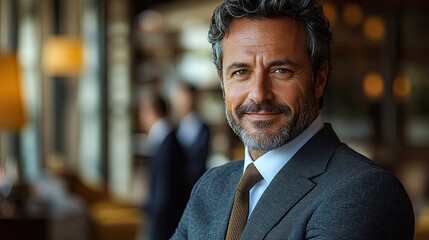 Obraz premium Corporate seminar concept An image of a cheerful professional man confidently smiling at the camera amidst a contemporary office setting and engaged coworkers, depicting teamwork and learning.