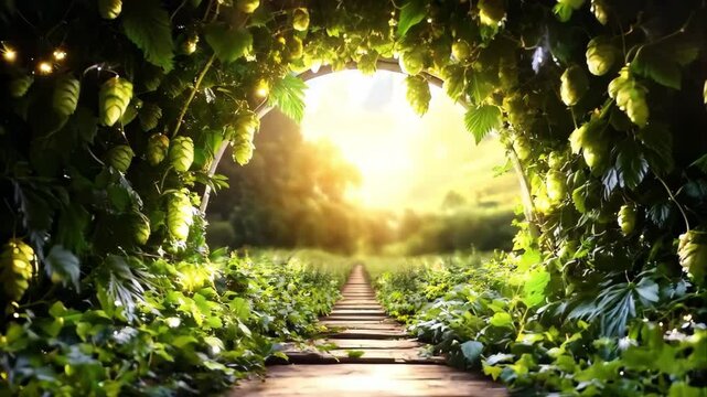A sunlit pathway framed by lush green hops and vines, creating a serene, enchanting atmosphere.
