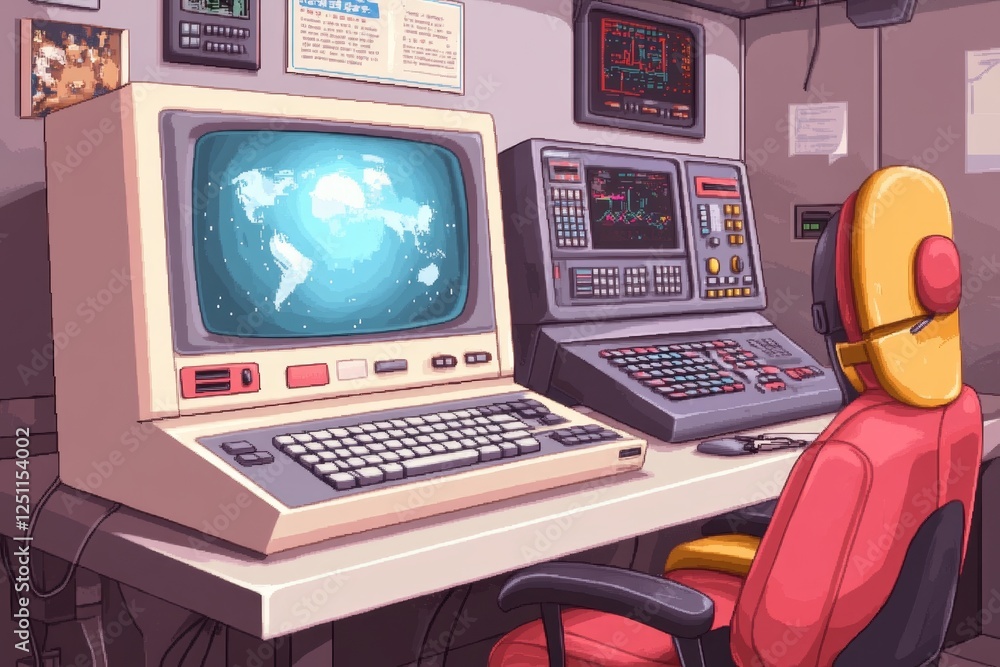 Aufkleber A 8-bit pixel art of a retro computer center with pixelated CRT monitors, keyboards, and characters typing on terminals