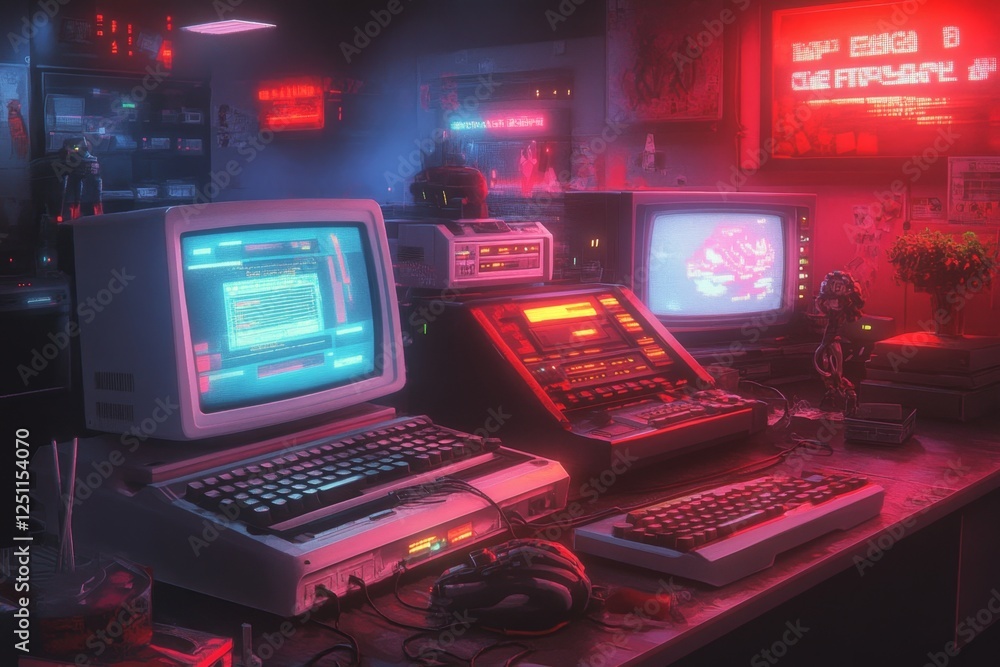 Poster A 8-bit pixel art of a retro computer center with pixelated CRT monitors, keyboards, and characters typing on terminals