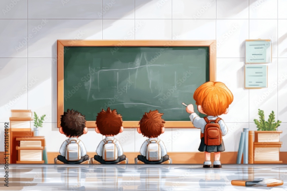 Aufkleber a 8-bit pixel art of a school teacher marking attendance on a pixelated blackboard with students sit