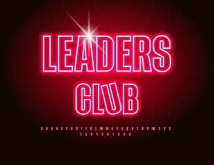 Vector Neon template Leaders Club. Elegant Glowing Font. Red Electric Alphabet Letters and Numbers set.