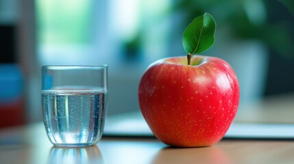 Red apple, water, desk, healthy, office