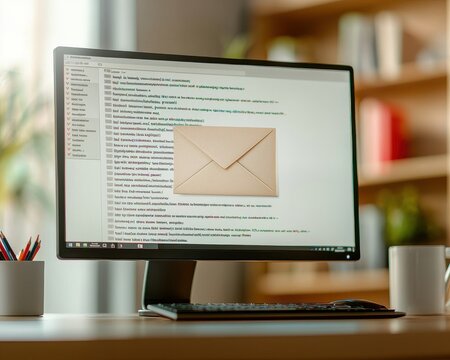 Desktop Computer Monitor Displaying Email Inbox with Envelope Icon