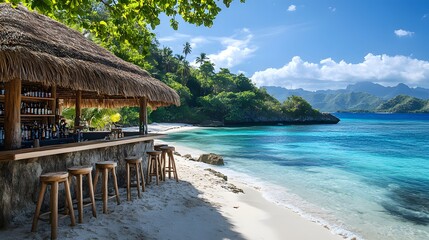 Private beach bar nestles in tropical paradise with thatched roof cabana, wooden stools, pristine white sand, turquoise waters, swaying palms, and panoramic ocean views under bright sky.