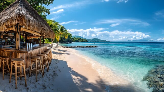 Private beach bar nestles in tropical paradise with thatched roof cabana, wooden stools, pristine white sand, turquoise waters, swaying palms, and panoramic ocean views under bright sky.