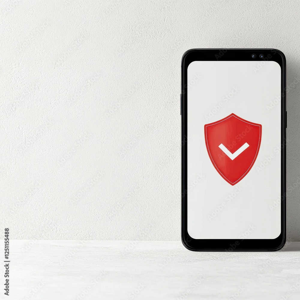 Poster smartphone displaying security shield icon on minimalist background