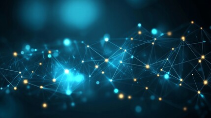 Abstract Turquoise Blue Network with Golden Nodes, Data Visualization, Perspective View, Sharp Edges