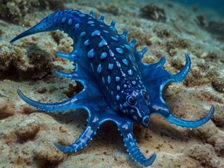 Blue Dragon (Glaucus atlanticus): A stunning, blue sea slug that floats on the ocean’s surface and feeds on venomous prey like the Portuguese man o’ war.