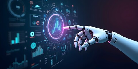 AI robotics data analysis, Artificial Intelligence, Android hand touching hologram with data, Machine learning