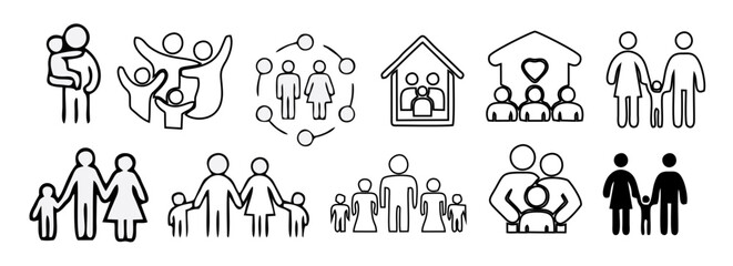 Obraz premium Family icons set. Containing parents, mother, father, children, baby, grandparents and household icons. Vector illustration.