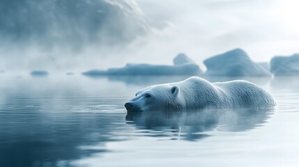 Fototapeta premium Majestic polar bear swims through arctic waters with misty icebergs behind, creating ethereal blue-white scene with crystal reflections and dramatic fog in National Geographic style.