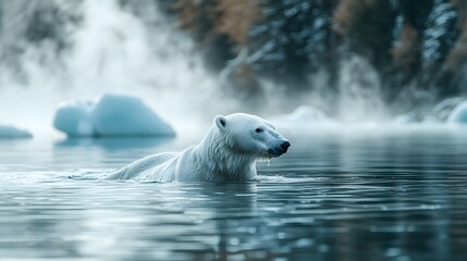 Fototapeta premium Majestic polar bear swims through arctic waters with misty icebergs behind, creating ethereal blue-white scene with crystal reflections and dramatic fog in National Geographic style.