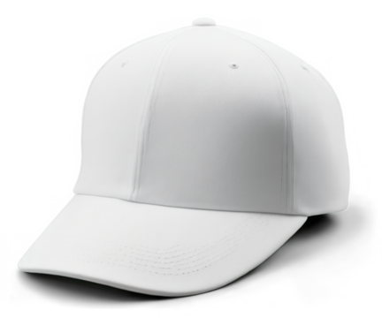 A simple, clean white baseball cap with a structured front panel, seen from a slightly tilted corner perspective
