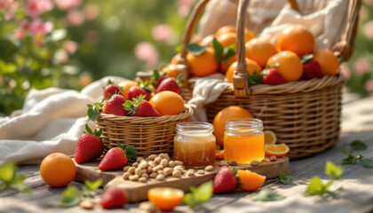 Summer Picnic Basket with Fresh Fruits and Honey