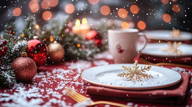 Create a pleasurable New Year's dinner table. plates, whimsical gold flatware in quirky pocket napkin, mug, ornaments, snowflake confetti, frosty fir sprigs on a red backdrop for promo.