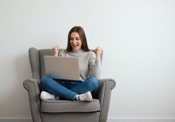 Woman sitting in chair, using laptop. Suitable for technology, work, remote job, freelance, blogging, online shopping, communication concepts.