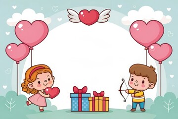 Obraz premium Joyful boy and girl sharing balloons and a gift