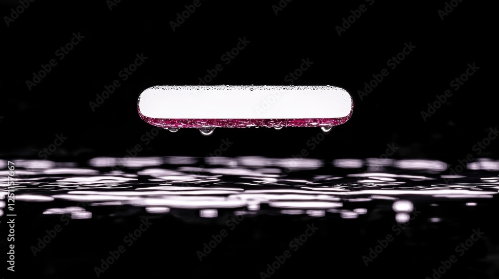 Poster a sleek device hovering above a reflective surface with droplets.