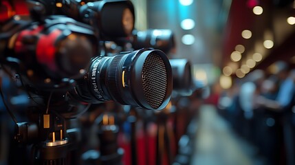 Professional microphone setup emphasizes broadcast journalism with blurred audience background, featuring metallic mesh detail and multiple microphones in dramatic lighting.