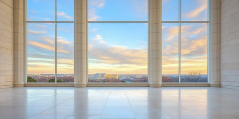 Bold architectural symmetry of city skyline captured during golden hour highlights striking geometric patterns and rich hues in urban imagery.