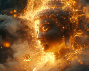 Glowing Golden Buddha Surrounded by Lotus Flowers, Mist, and Romantic Lighting