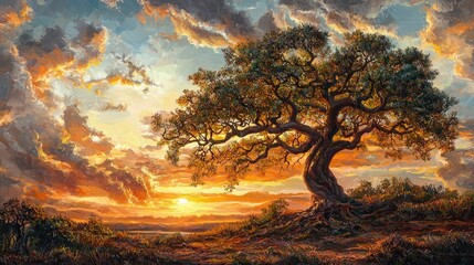 Majestic Sunset: Ancient Tree's Golden Embrace