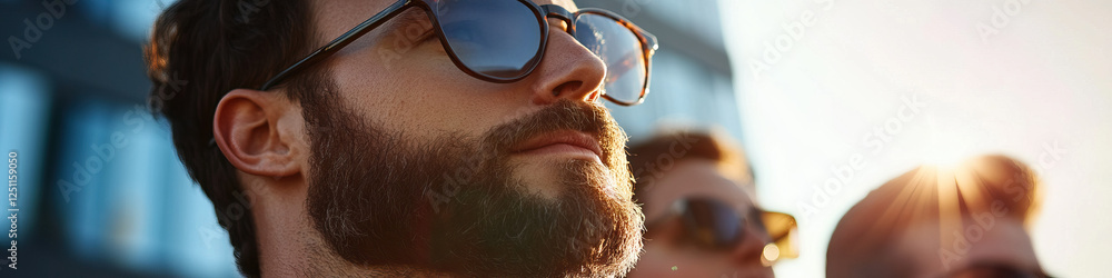 Poster man with beard and sunglasses, partial view with background figures