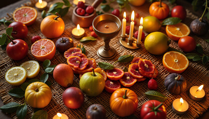 Naklejka premium Colorful arrangement of fruits and candles on a woven surface 