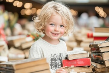 A child curiously exploring books in a library, eager to learn