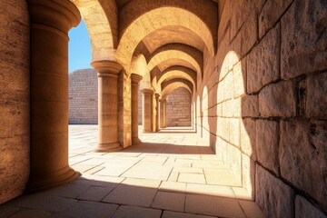 Obraz premium Ancient Stone Colonnade Pathway - Sunlit pathway through a stone colonnade, architectural detail, ancient design, sunlight, shadows.