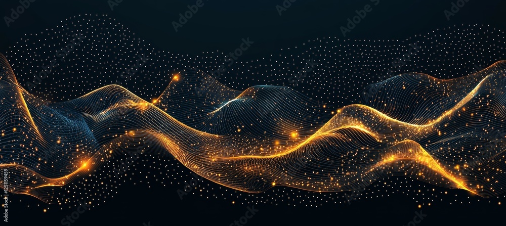 Poster glowing golden particles, abstract flowing lines and connected dots, dynamic tech wave, illustration