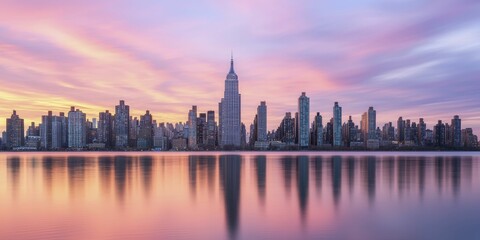 Obraz premium City skyline at dusk capturing glowing sunset hues reflected in water. Soft ripples enhancing colors, creating a serene atmosphere of urban life.