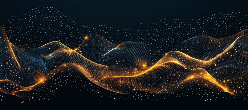 Glowing Golden Particles, Abstract Flowing Lines and Connected Dots, Dynamic Tech Wave, Illustration