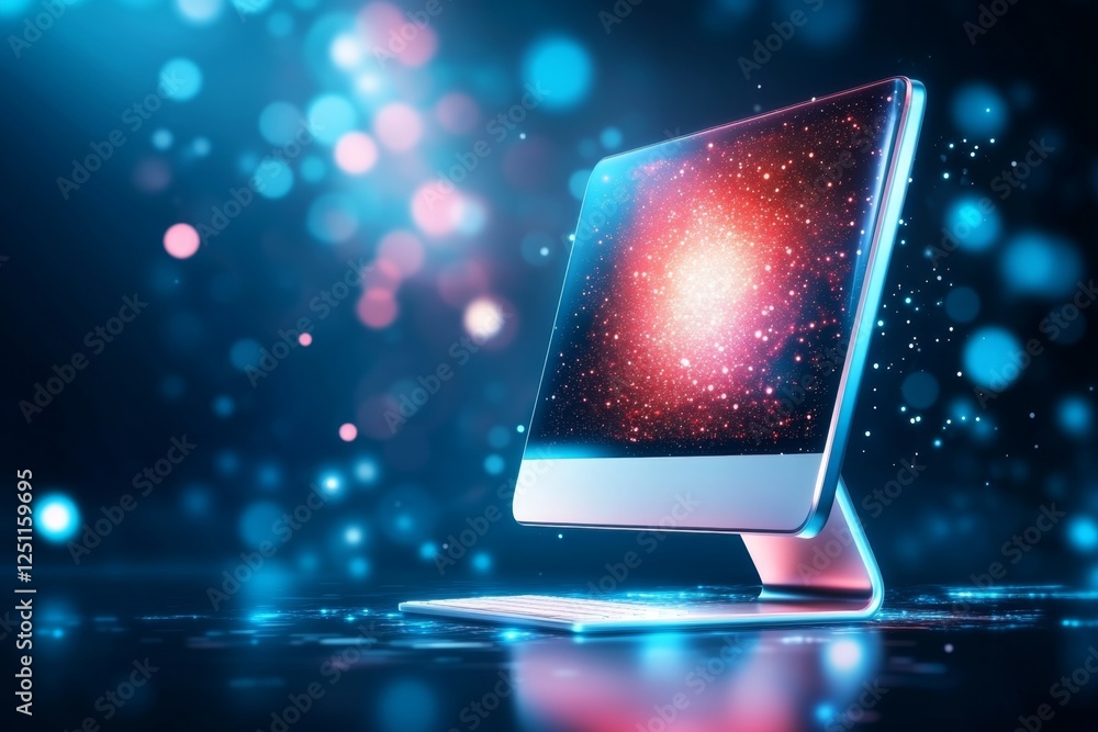 Poster A clean minimalist icon of a desktop computer with a glowing screen, symbolizing a computer center