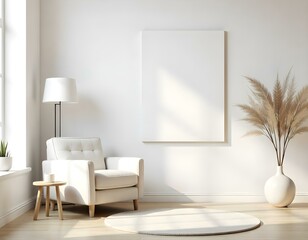A minimalist living room featuring a large blank canvas on the wall, a light-colored armchair, and a small wooden side table. 
