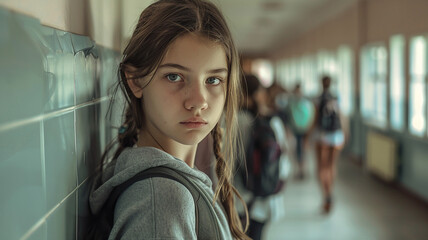 A young girl hastily navigates the hallway, avoiding eye contact to evade a group of bullies trailing behind her.