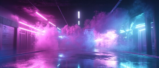 Neon-lit alley with colorful smoke and reflections at night