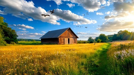 Obraz premium Serene Barn in Summer Meadow Landscape - Golden Hour Photography