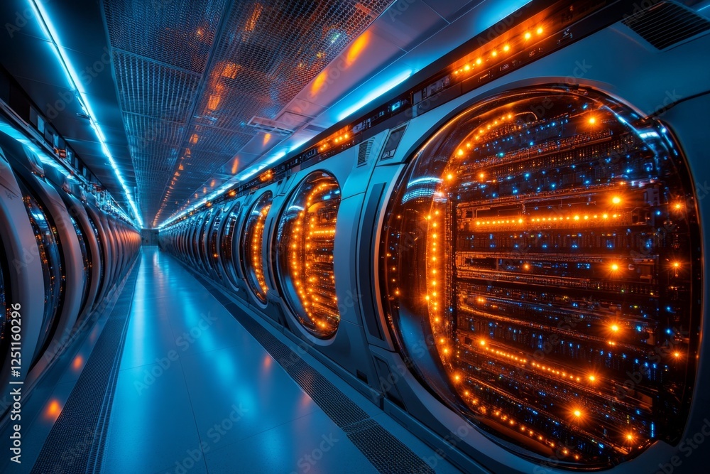 Poster A cloud computing data center filled with massive server racks, glowing with neon blue lighting