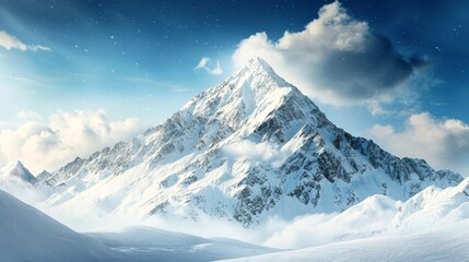 Obraz premium Winter storms blizzard landscape concept, Majestic snow-covered mountain peak under a bright blue sky with clouds.