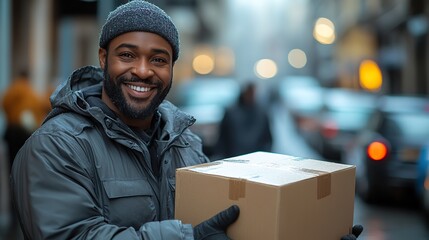 Delivery excellence captured a smiling African American delivery pro in a sleek grey uniform holds a cardboard box on a vibrant, sunlit street.