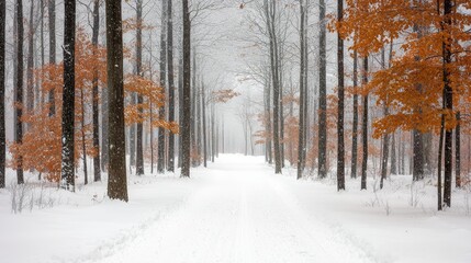 Winter storms blizzard landscape concept, Snowy forest path lined with trees and scattered autumn leaves.