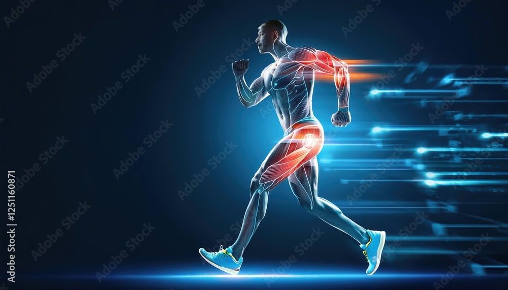 Poster athlete runs with glowing anatomical overlays highlighting muscles during a dynamic training session