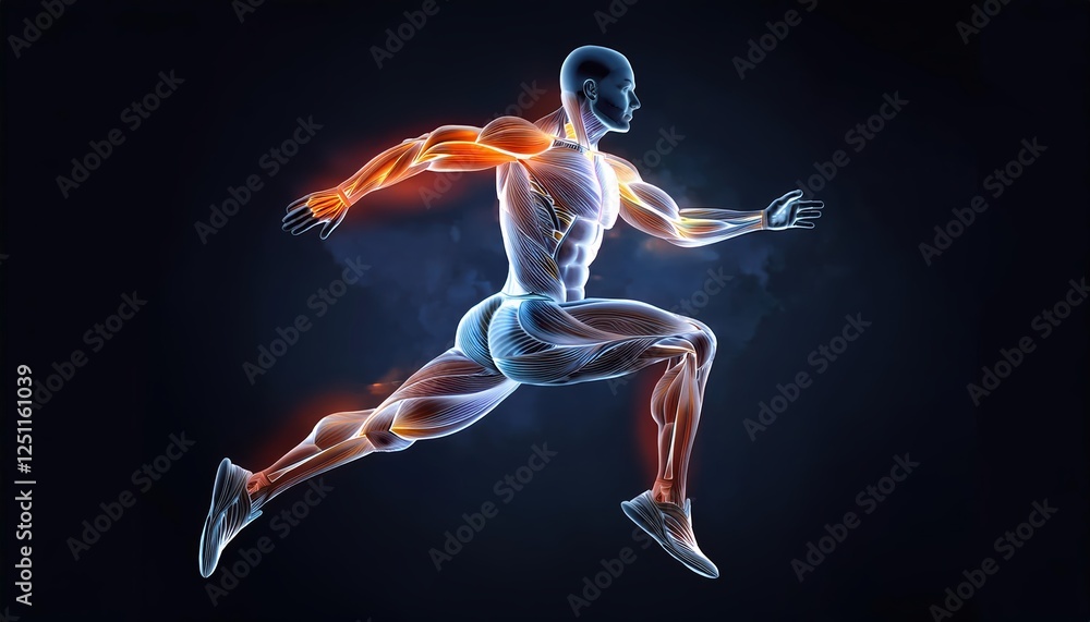 Poster athlete leaps forward with glowing anatomical overlays highlighting muscular definition in a dynamic
